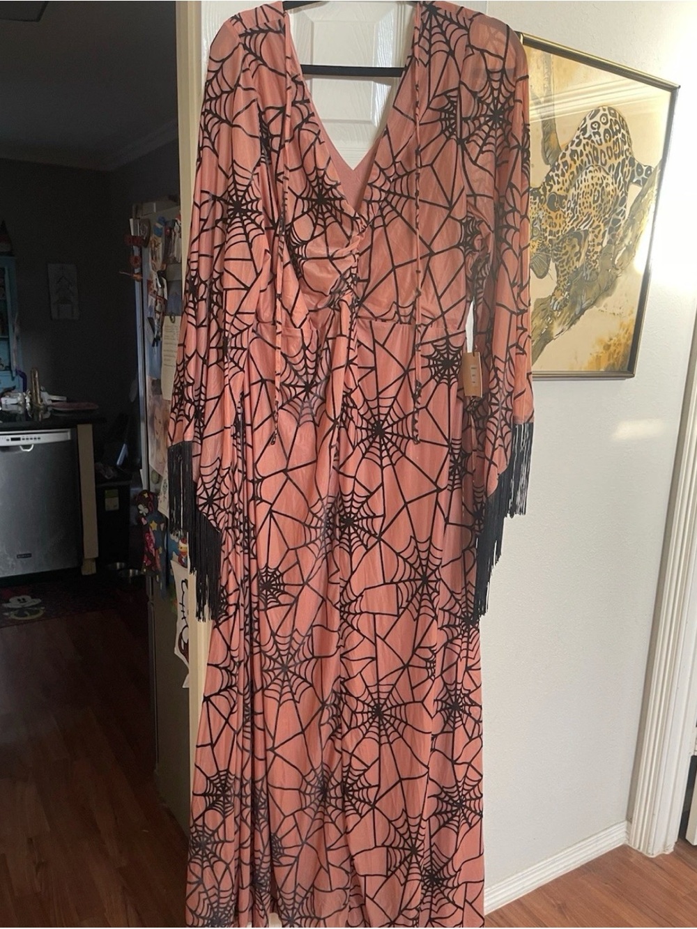 Pink Spiderweb-Print Maxi Dress with Fringe Sleeves witch